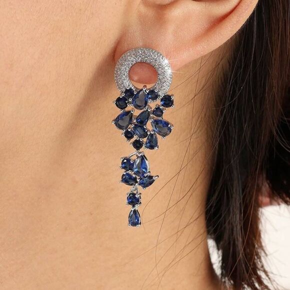 Elegant Silver and Blue Crystal Dangle Earrings - Picture 1 of 5